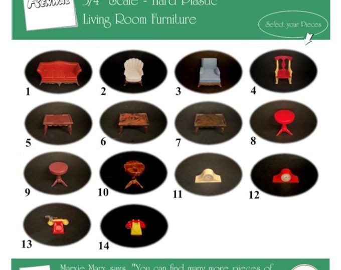 RENWAL Vintage Dollhouse Living Room Furniture, 1940s-1950s Style, 3/4” Scale, Hard Plastic