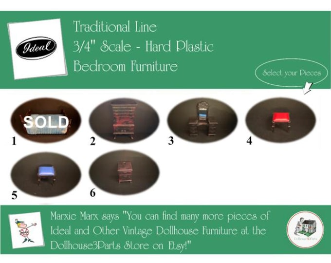 IDEAL Vintage Dollhouse Bedroom Furniture, 1940s-1950s Style, 3/4” Scale, Hard Plastic