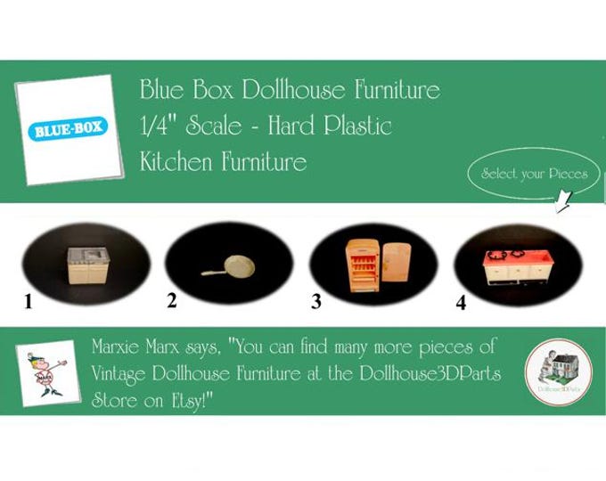 Choice BLUE BOX Vintage Dollhouse Kitchen Furniture, 1960s Style, 1/4" Scale, Hard Plastic