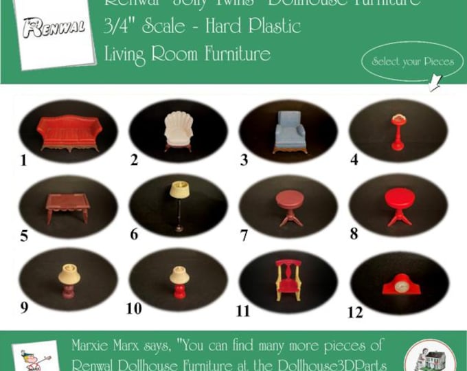 Renwal Vintage Dollhouse Furniture, 1940s-1950s Style Living Room, 3/4” Scale Hard Plastic