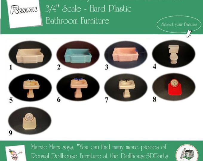 Choice RENWAL Vintage Dollhouse Bathroom Furniture, 1940s-1950s Style, 3/4” Scale, Hard Plastic