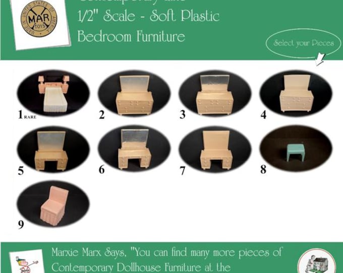 Choice MARX Vintage Dollhouse Bedroom Furniture, Contemporary Line, 1/2" Scale, Soft Plastic