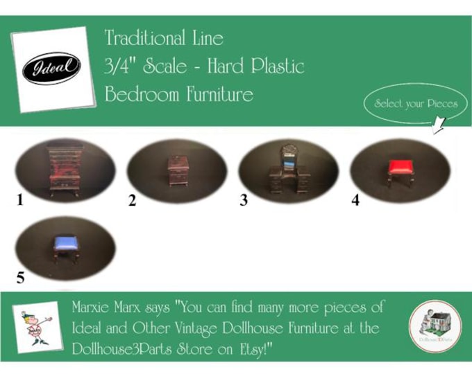 IDEAL Vintage Dollhouse Bedroom Furniture, 1940s-1950s Style, 3/4” Scale, Hard Plastic