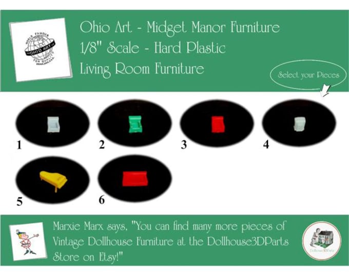 Choice OHIO ART Midget Manor Vintage Living Room Furniture, 1/8" Scale, Hard Plastic
