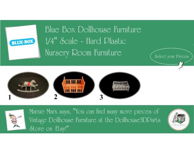 Choice BLUE BOX Vintage Dollhouse Nursery Room Furniture, 1960s Style, 1/4" Scale, Soft Plastic