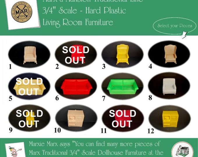 Choice MARX Vintage Dollhouse Living Room Furniture, Marx-a-Mansion Traditional Line, 3/4" Scale, Soft Plastic