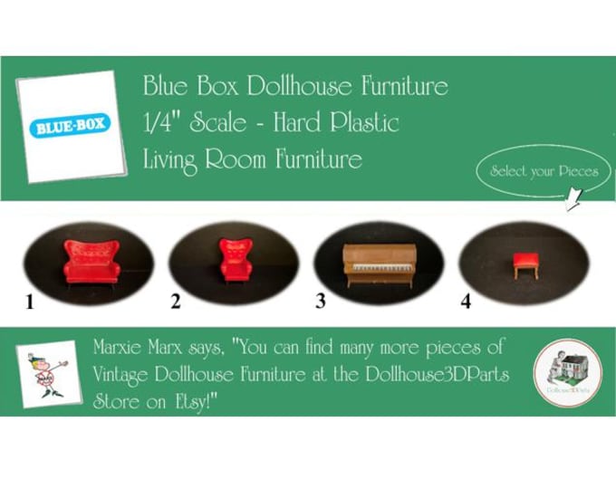 BLUE BOX Vintage Dollhouse Living Room Furniture, 1960s Style, 1/4" Scale, Hard Plastic