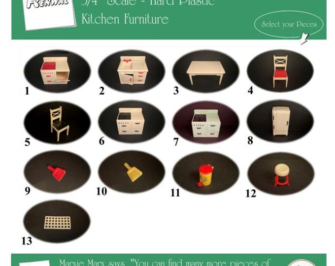 Renwal Vintage Dollhouse Furniture, 1940s-1950s Style Kitchen, 3/4” Scale Hard Plastic