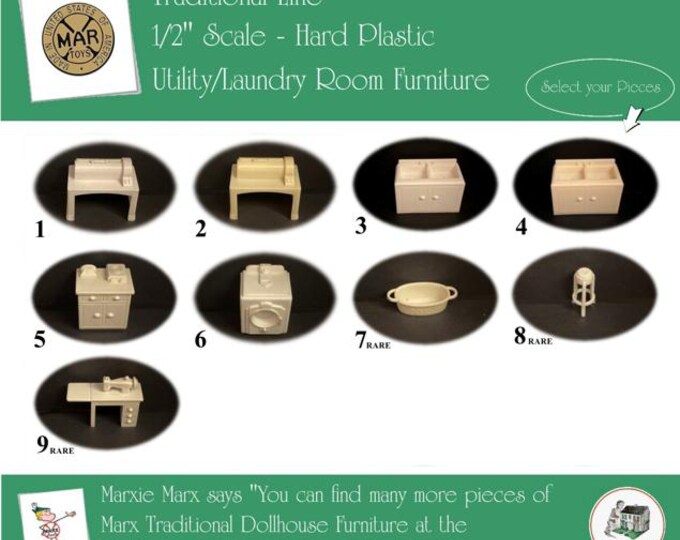 Choice MARX Vintage Dollhouse Utility/Laundry Room Furniture, Traditional Line, 1/2" Scale, Hard Plastic