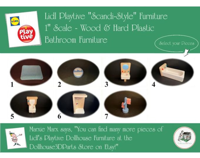 LIDL PLAYTIVE Vintage Dollhouse Bathroom Furniture, Scandi-Style, 1" Scale, Wood & Hard Plastic