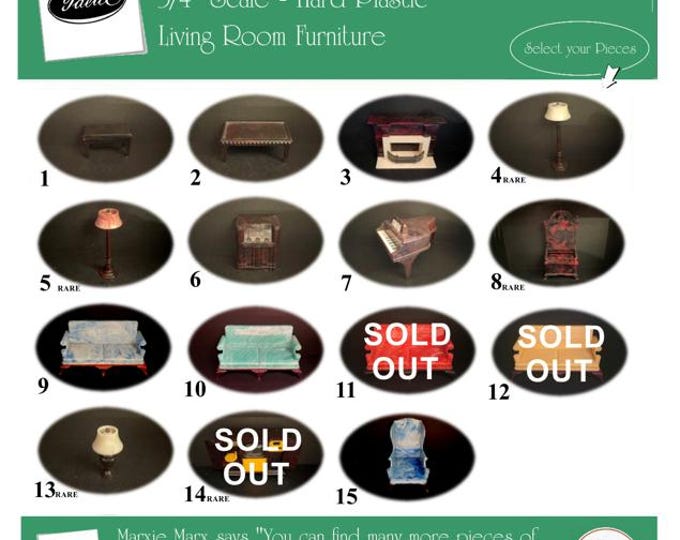 Choice IDEAL Vintage Dollhouse Living Room Furniture, 1940s-1950s Style, 3/4” Scale, Hard Plastic