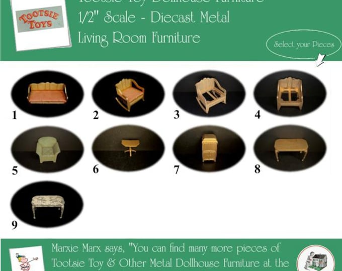 TOOTSIETOY Vintage Dollhouse Living Room Furniture, 1920s-1930s Style, 1/2” Scale, Painted Diecast Metal