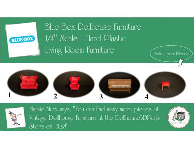 Choice BLUE BOX Vintage Dollhouse Living Room Furniture, 1960s Style, 1/4" Scale, Hard Plastic