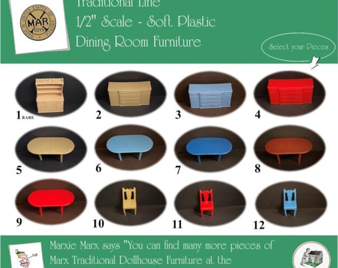 MARX Vintage Dollhouse Dining Room Furniture, Traditional Line, 1/2" Scale, Soft Plastic