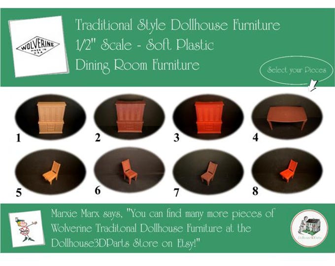 WOLVERINE Vintage Dollhouse Dining Room Furniture, 1960s Style, 1/2" Scale, Soft Plastic