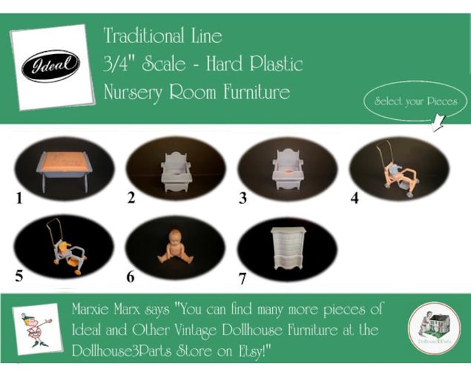 Choice IDEAL Vintage Dollhouse Nursery Room Furniture, 1940s-1950s Style, 3/4” Scale, Hard Plastic