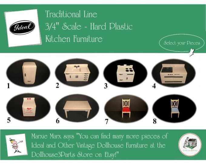 Choice IDEAL Vintage Dollhouse Kitchen Furniture, 1940s-1950s Style, 3/4” Scale, Hard Plastic