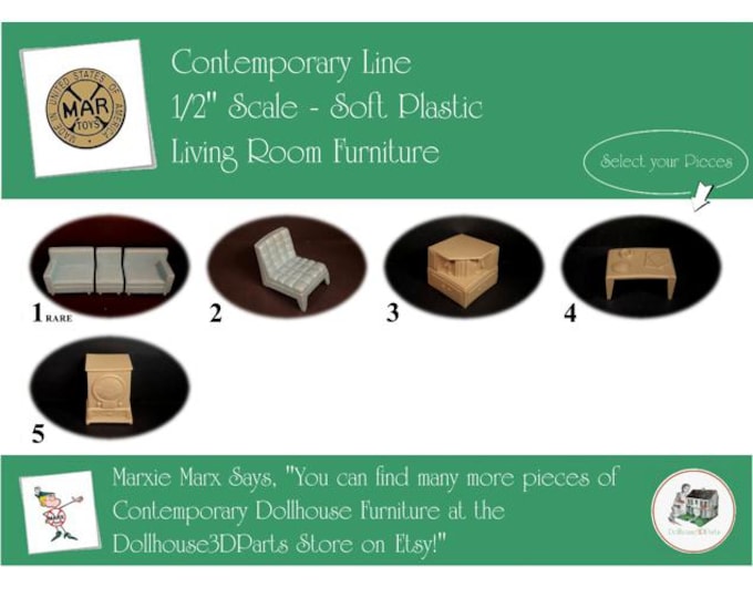Choice MARX Vintage Dollhouse Living Room Furniture, Contemporary Line, 1/2" Scale, Soft Plastic