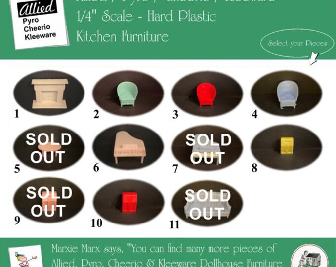 Choice ALLIED/PYRO/KLEEWARE & Cheerio Vintage Dollhouse Living Room Furniture, 1/4" Scale, Hard Plastic