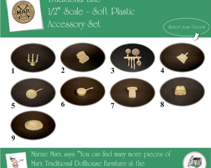 MARX Vintage Dollhouse Accessories, Traditional Line, 1/2" Scale, Soft Plastic