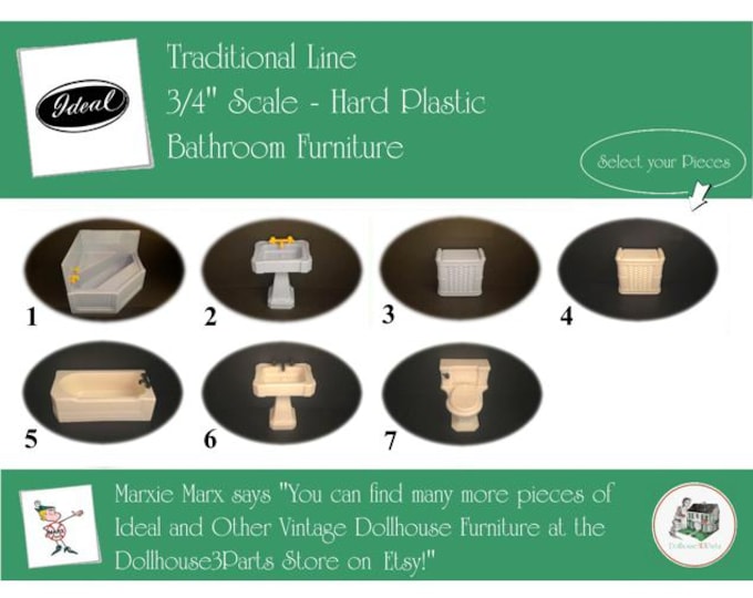 Choice IDEAL Vintage Dollhouse Bathroom Furniture, 1940s-1950s Style, 3/4” Scale, Hard Plastic