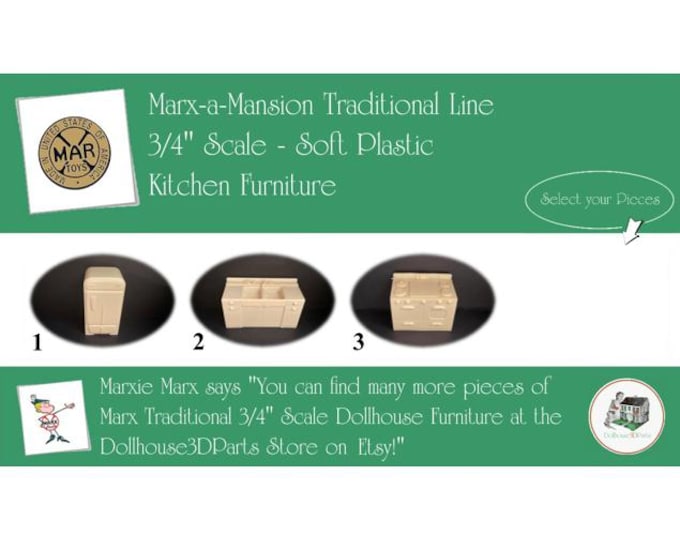Choice MARX Vintage Dollhouse Kitchen Furniture, Marx-a-Mansion Traditional Line, 3/4" Scale, Soft Plastic