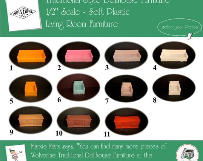 WOLVERINE Vintage Dollhouse Living Room Furniture, 1960s Style, 1/2" Scale, Soft Plastic