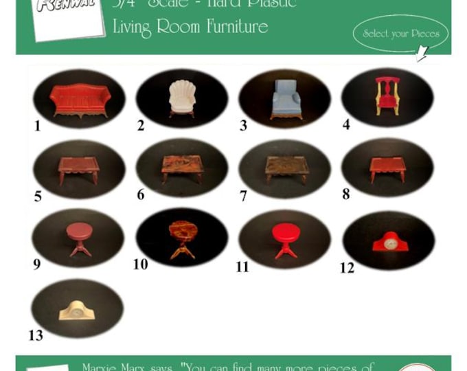 RENWAL Vintage Dollhouse Living Room Furniture, 1940s-1950s Style, 3/4” Scale, Hard Plastic