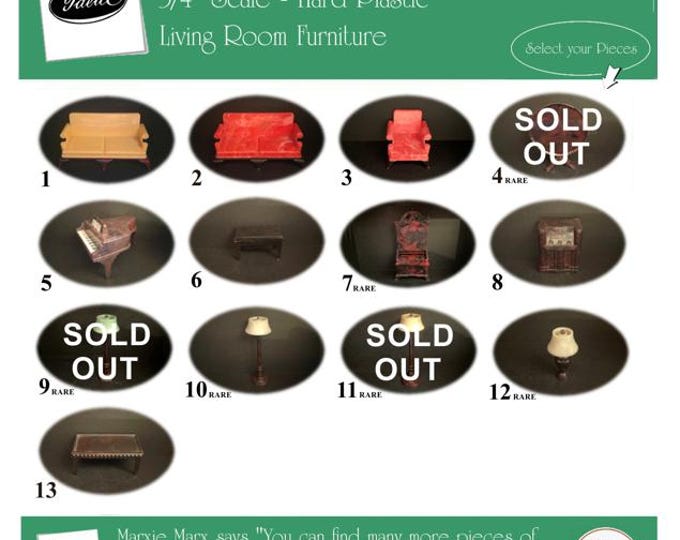Choice IDEAL Vintage Dollhouse Living Room Furniture, 1940s-1950s Style, 3/4” Scale, Hard Plastic