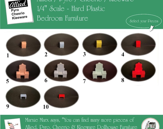 Allied / Pyro / Cheeiro / Kleeware Vintage Dollhouse Bedroom Furniture, 1/4" Scale, Hard Plastic