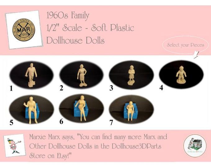 MARX Vintage Dollhouse Dolls, 1960s Dollhouse Family, 1/2” Scale, Soft Plastic