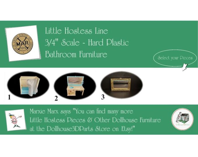 MARX Vintage Dollhouse Bathroom Furniture, Little Hostess Line, 3/4" Scale, Hard Plastic