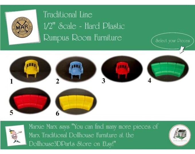 Choice MARX Vintage Dollhouse Rumpus Room Furniture, Traditional Line, 1/2" Scale, Hard Plastic