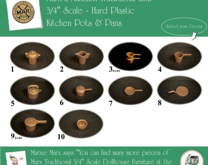 MARX Vintage Dollhouse Kitchen Pots & Pans, Marx-a-Mansion Traditional Line, 3/4" Scale, Hard Plastic