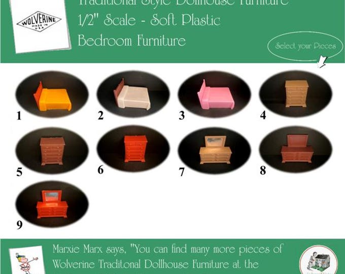 WOLVERINE Vintage Dollhouse Bedroom Furniture, 1960s Style, 1/2" Scale, Soft Plastic