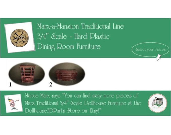 Choice MARX Vintage Dollhouse Dining Room Furniture, Marx-a-Mansion Traditional Line, 3/4" Scale, Hard Plastic