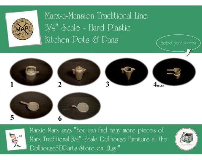 MARX Vintage Dollhouse Kitchen Pots & Pans, Marx-a-Mansion Traditional Line, 3/4" Scale, HARD Plastic