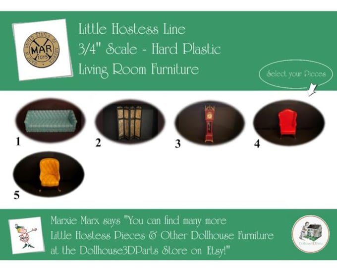 MARX Vintage Dollhouse Living Room Furniture, Little Hostess Line, 3/4" Scale, Hard Plastic