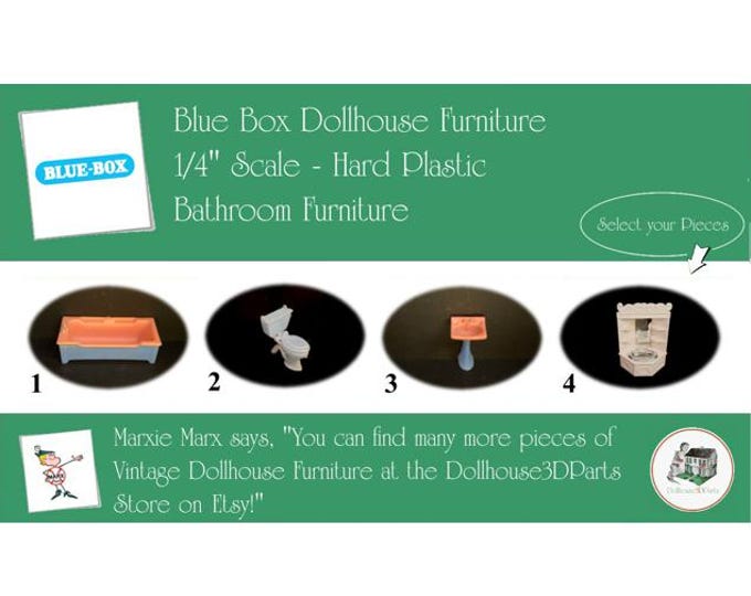 Choice BLUE BOX Vintage Dollhouse Bathroom Furniture, 1960s Style, 1/4" Scale, Hard Plastic