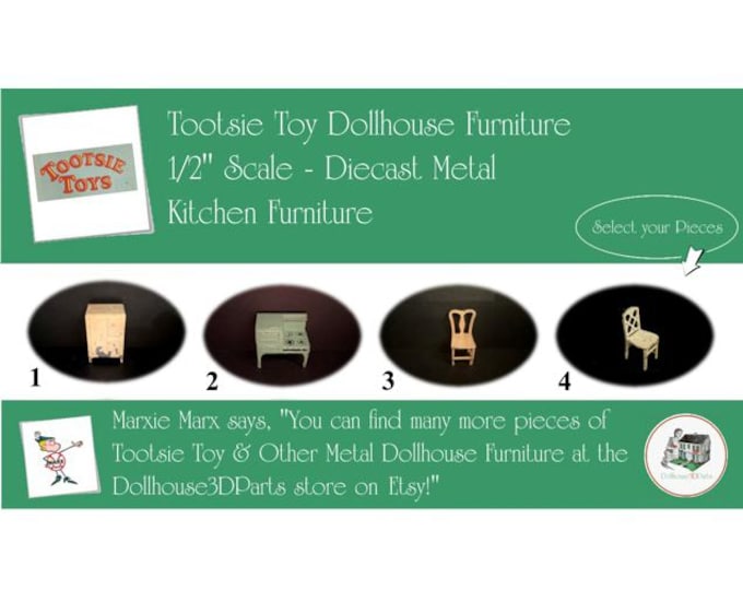 TOOTSIETOY Vintage Dollhouse Kitchen Furniture, 1920s-1930s Style, 1/2” Scale, Painted Diecast Metal