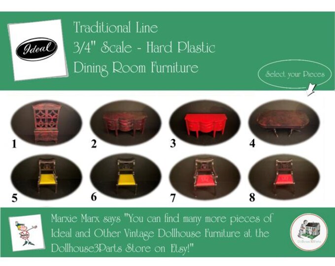 Ideal Vintage Dollhouse Furniture, 1940s-1950s Style Dining Room, 3/4” Scale Hard Plastic