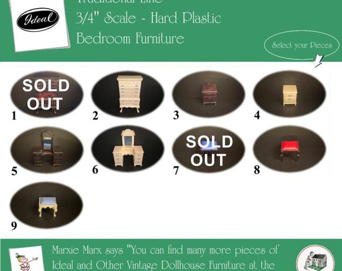 Choice IDEAL Vintage Dollhouse Bedroom Furniture, 1940s-1950s Style, 3/4” Scale, Hard Plastic