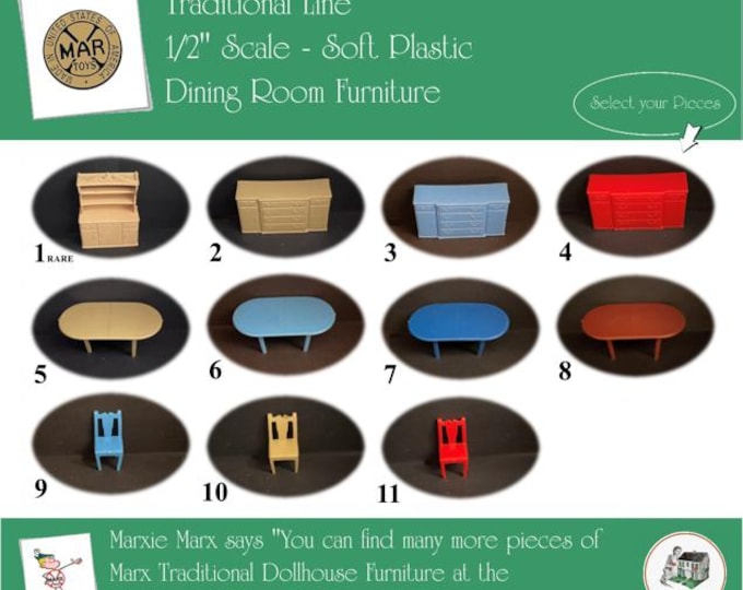 Choice MARX Vintage Dollhouse Dining Room Furniture, Traditional Line, 1/2" Scale, Soft Plastic
