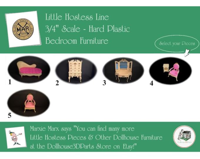 MARX Vintage Dollhouse Bedroom Furniture, Little Hostess Line, 3/4" Scale, Hard Plastic