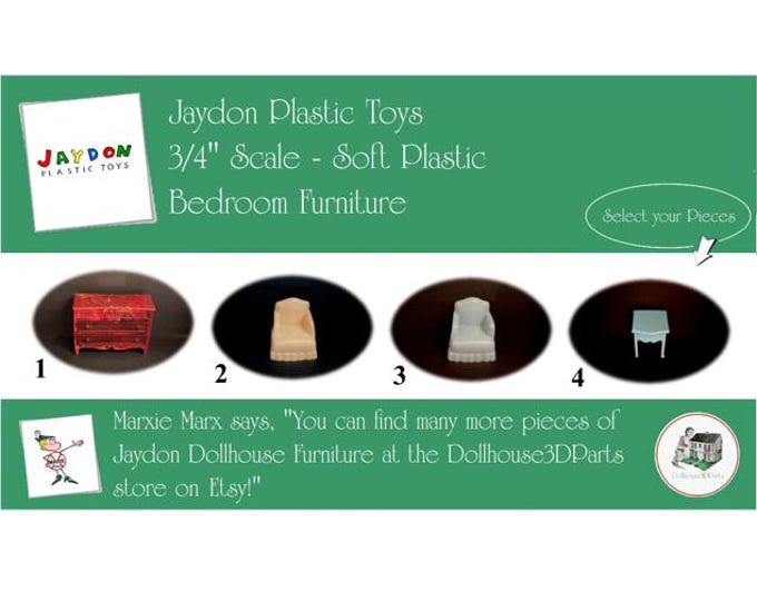 Choice JAYDON Vintage Dollhouse Bedroom Furniture, 1940s-1950s Style, 3/4" Scale, Hard Plastic