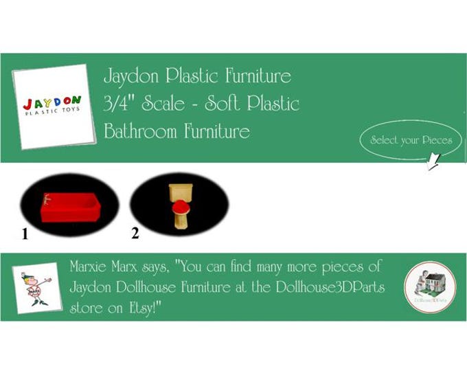 JAYDON Vintage Dollhouse Bathroom Furniture, 1940s-1950s Style, 3/4" Scale, Hard Plastic