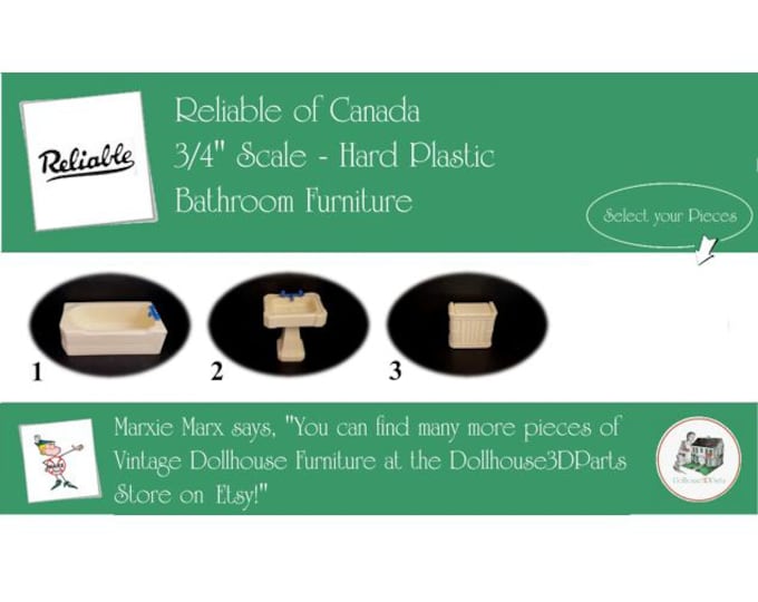 RELIABLE of CANADA Vintage Bathroom Dollhouse Furniture, 3/4" Scale, Hard Plastic