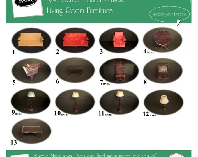 Choice IDEAL Vintage Dollhouse Living Room Furniture, 1940s-1950s Style, 3/4” Scale, Hard Plastic