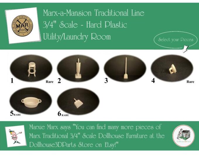 Marx Vintage Dollhouse Furniture, Marx-a-Mansion Traditional Line Utility/Laundry Room, 3/4" Scale, HARD Plastic