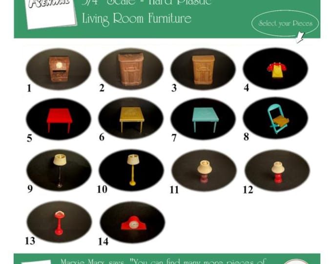 Renwal Vintage Dollhouse Furniture, 1940s-1950s Style Living Room, 3/4” Scale Hard Plastic
